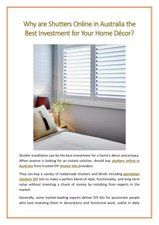 Why are Shutters Online in Australia the Best Investment for Your Home Décor