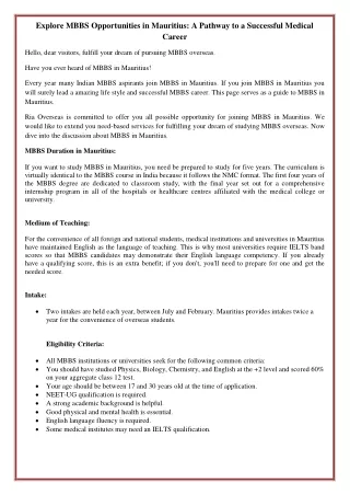 Explore MBBS Opportunities in Mauritius: A Pathway to a Successful Medical Caree