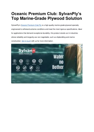 Oceanic Premium Club: SylvanPly’s Top Marine-Grade Plywood Solution