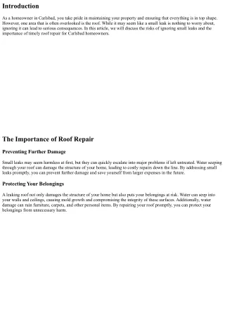 The Risks of Ignoring Small Leaks: A Lesson in Roof Repair for Carlsbad Homeowne