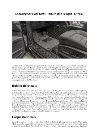 Choosing Car Floor Mats – Which One Is Right For You?