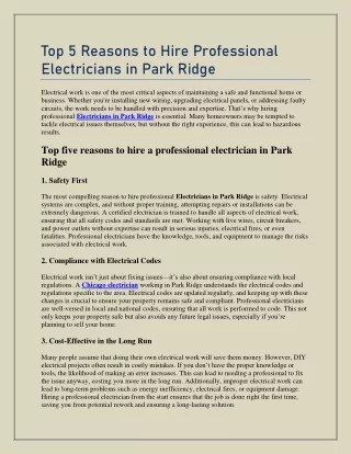 Top 5 Reasons to Hire Professional Electricians in Park Ridge