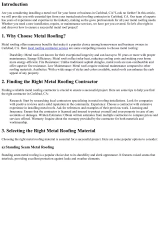 Essential Tips from Your Metal Roofing Contractor in Carlsbad, CA