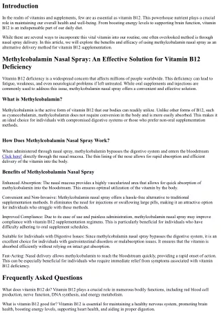 Methylcobalamin Nasal Spray: An Alternative Delivery Method for B12