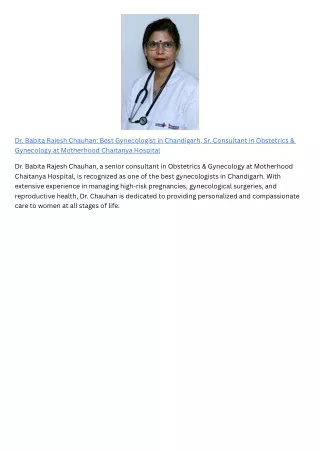 Dr. Babita Rajesh Chauhan Best Gynecologist in Chandigarh, Sr. Consultant in Obstetrics & Gynecology at Motherhood Chait