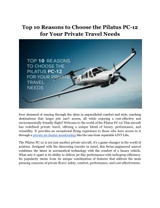 Top 10 Reasons to Choose the Pilatus PC-12 for Your Private Travel Needs