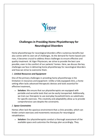 Challenges in Providing Home Physiotherapy for Neurological Disorders