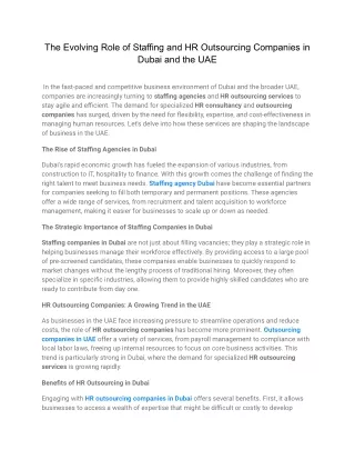 The Evolving Role of Staffing and HR Outsourcing Companies in Dubai and the UAE