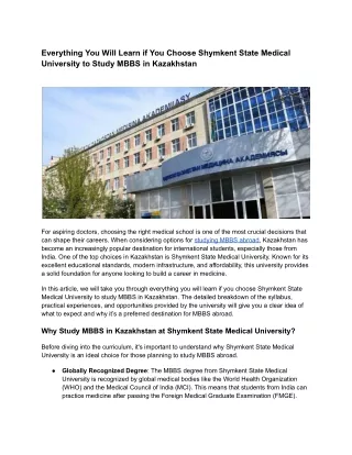 An Overview of Shymkent State Medical University to Study MBBS in Kazakhstan