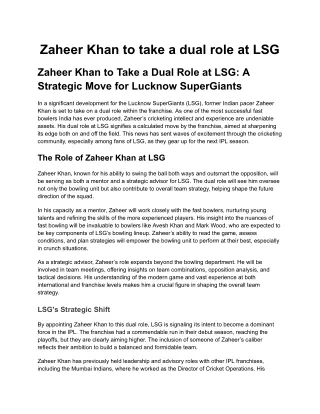 Zaheer Khan to take a dual role at LSG