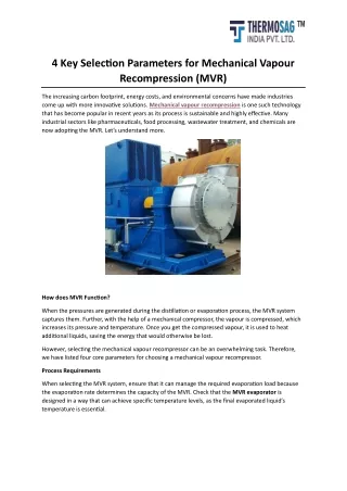 Tips for Selecting a Mechanical Vapour Recompression