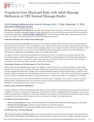 Transform Your Mind and Body with Adult Massage Melbourne at TBV Sensual Massage Studio