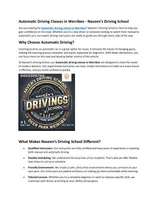 Automatic Driving Classes in Werribee - Naveen's Driving School