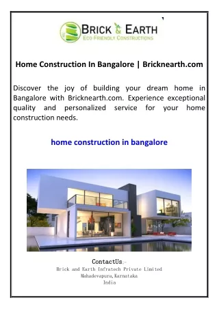 Home Construction In Bangalore  Bricknearth.com