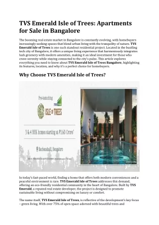 TVS Emerald Isle of Trees Bangalore | Apartments For Sale