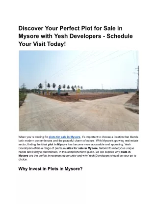 Discover Your Perfect Plot for Sale in Mysore with Yesh Developers - Schedule Your Visit Today