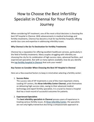 How to Choose the Best Infertility Specialist in Chennai for Your Fertility Journey