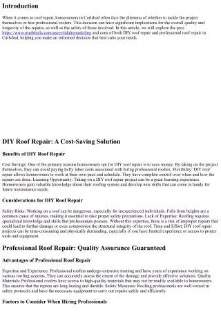 DIY or Professional: Which Roof Repair is Best for You in Carlsbad?
