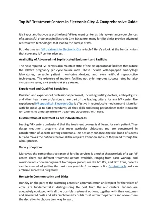 Top IVF Treatment Centers in Electronic City: A Comprehensive Guide