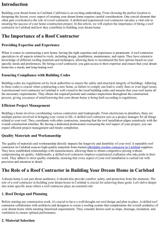 The Role of a Roof Contractor in Building Your Dream Home in Carlsbad