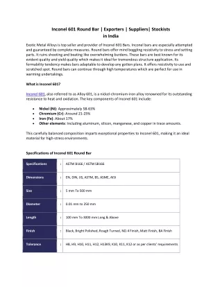 Inconel 601 Round Bar Stockists In India