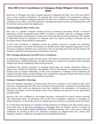How ISO 27001 Consultancy in Telangana Helps Mitigate Cybersecurity Risks