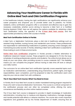 Advancing Your Healthcare Career in Florida with Online Med Tech and CNA Certification Programs