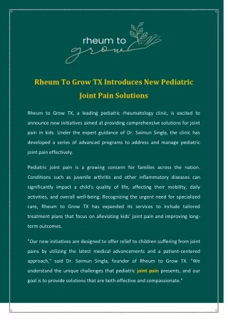 Rheum To Grow TX Introduces New Pediatric Joint Pain Solutions