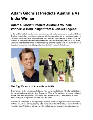 Adam Gilchrist Predicts Australia Vs India Winner