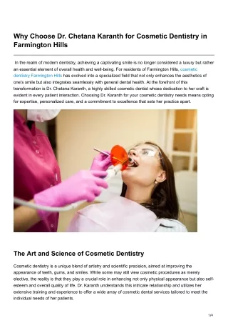Why Choose Dr Chetana Karanth for Cosmetic Dentistry in Farmington Hills