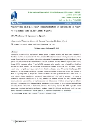 Occurrence and molecular characterization of salmonella in ready-to-eat salads