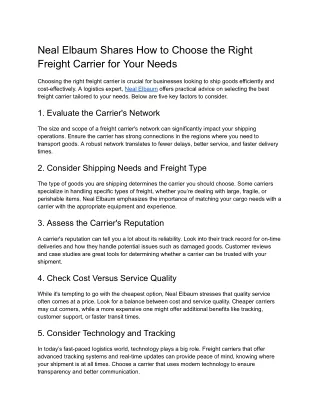 Neal Elbaum Shares How to Choose the Right Freight Carrier for Your Needs