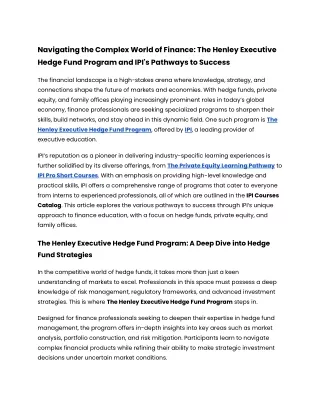 Navigating the Complex World of Finance_ The Henley Executive Hedge Fund Program and IPI's Pathways to Success
