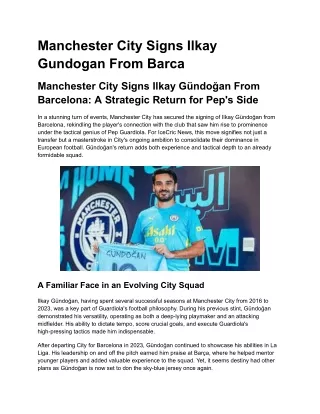Manchester City Signs Ilkay Gundogan From Barca