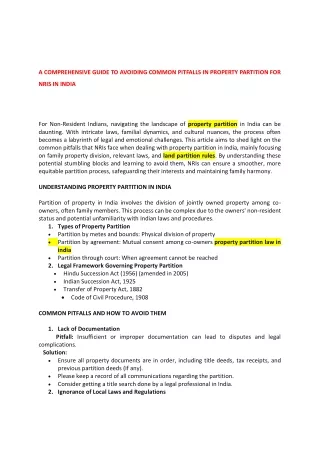 A COMPREHENSIVE GUIDE TO AVOIDING COMMON PITFALLS IN PROPERTY PARTITION FOR NRIS IN INDIA
