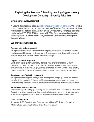 Exploring the Services Offered by Leading Cryptocurrency Development Company  - Security Tokenizer