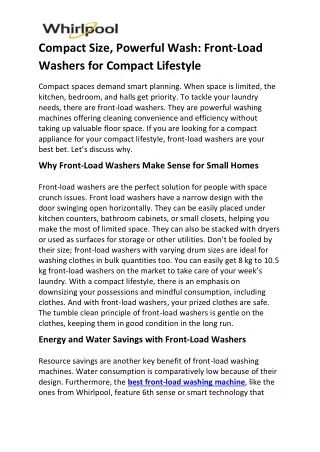 Compact Size, Powerful Wash Front-Load Washers for Compact Lifestyle