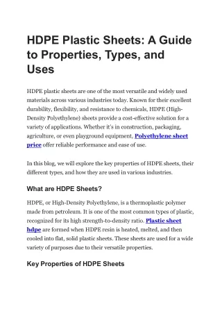 HDPE Plastic Sheets: A Guide to Properties, Types, and Uses