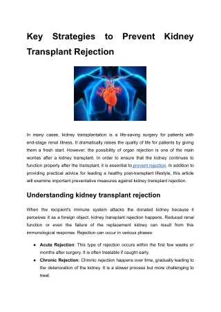 Key Strategies to Prevent Kidney Transplant Rejection