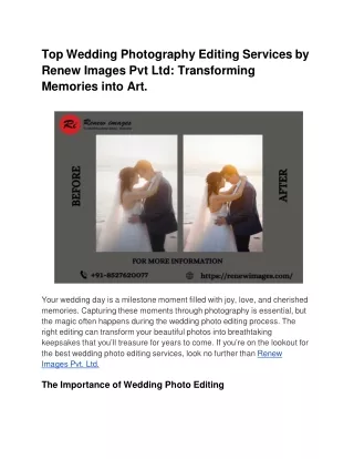 Top Wedding Photography Editing Services by Renew Images Pvt Ltd: Transforming