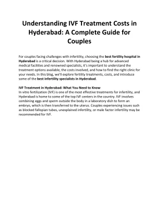 Understanding IVF Treatment Costs in Hyderabad A Complete Guide for Couples