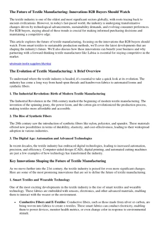 The Future of Textile Manufacturing Innovations B2B Buyers Should Watch
