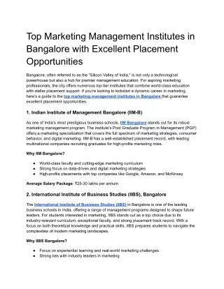 Top Marketing Management Institutes in Bangalore with Excellent Placement Opportunities