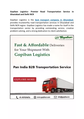 Gopiban Logistics- Premier Road Transportation Service in Ghaziabad and Delhi NCR