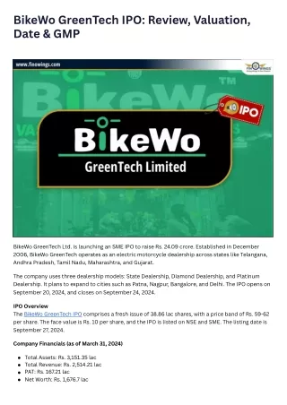 BikeWo GreenTech IPO Review, Valuation, Date & GMP