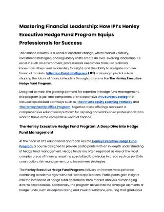 Mastering Financial Leadership_ How IPI’s Henley Executive Hedge Fund Program Equips Professionals for Success