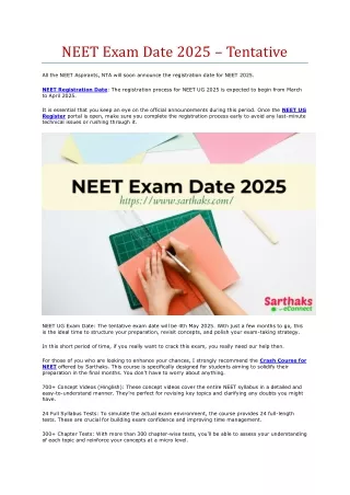 NEET Exam Tentative Date 2025 & NEET Crash Course by Sarthaks eConnect