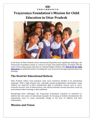 Trayarunya Foundation’s Mission for Child Education in Uttar Pradesh