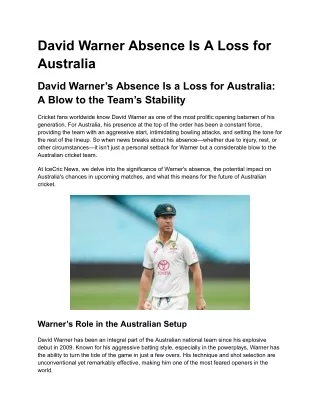 David Warner Absence Is A Loss for Australia