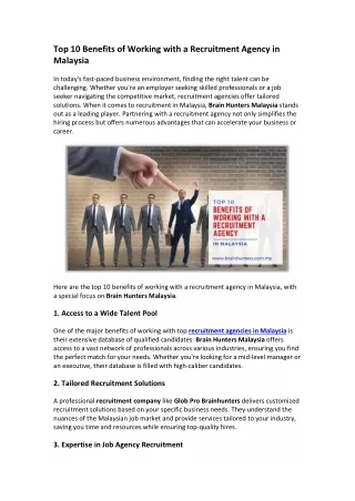 Top 10 Benefits of Working with a Recruitment Agency in Malaysia